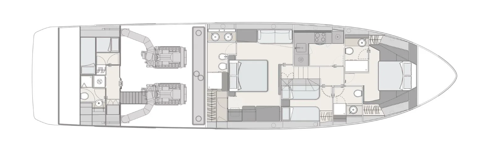 Lower deck: version with three cabins and galley down