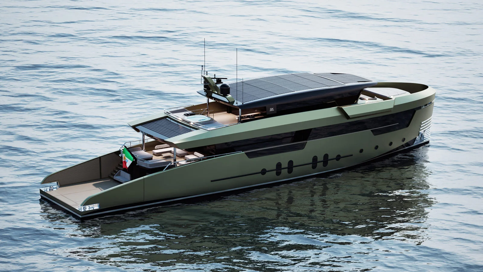 The GX38 Voyager's hard top and deck overhang are fitted with solar panels