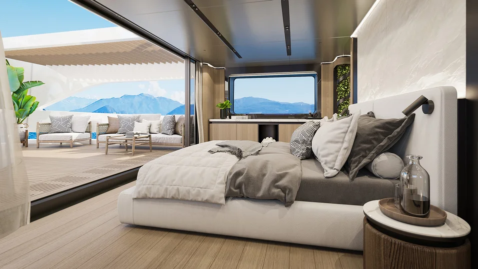 Master suite with a private terrace on board the Sirena 42M