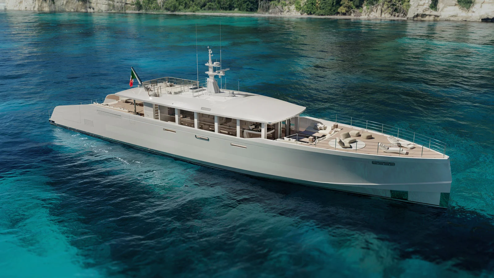 Миниатюрный сандек на Alia Yachts Genie Blu – смотровая площадка, а основные места для отдыха под солнцем – на фордеке и в кокпите
