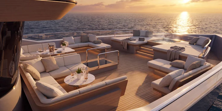 The OXO's foredeck features a generous lounge with a seating group and a sunbathing area around the jacuzzi