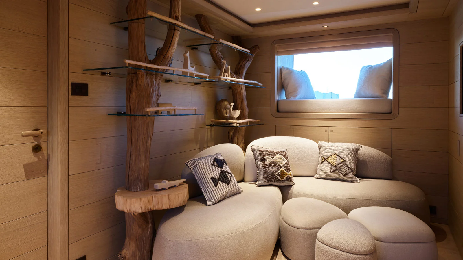 Shelves made from fallen timber in the playroom on board the СdM Nasiba