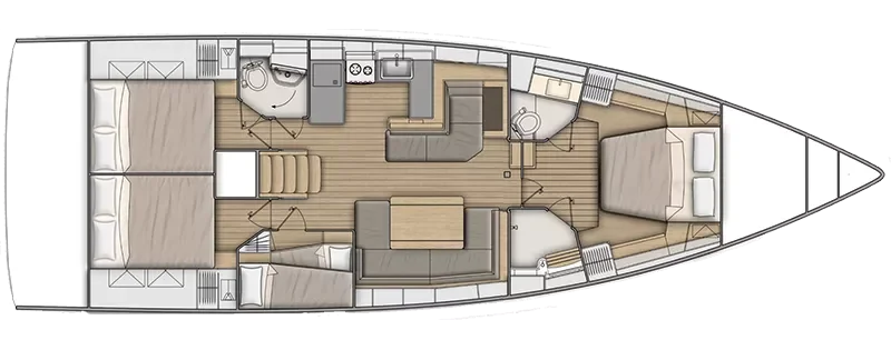 Lower deck: 4 cabins, 2 heads