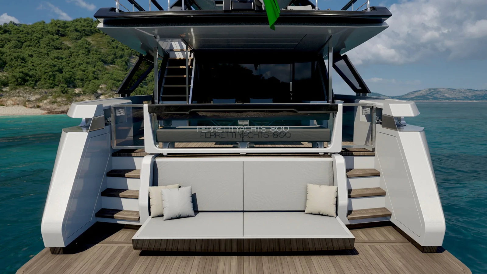 На транце Ferretti Yachts 800 сделан диванчик, а над ним – стеклянный парапет