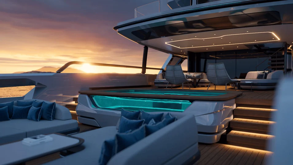 Baglietto T54's lounge area with a pool aft