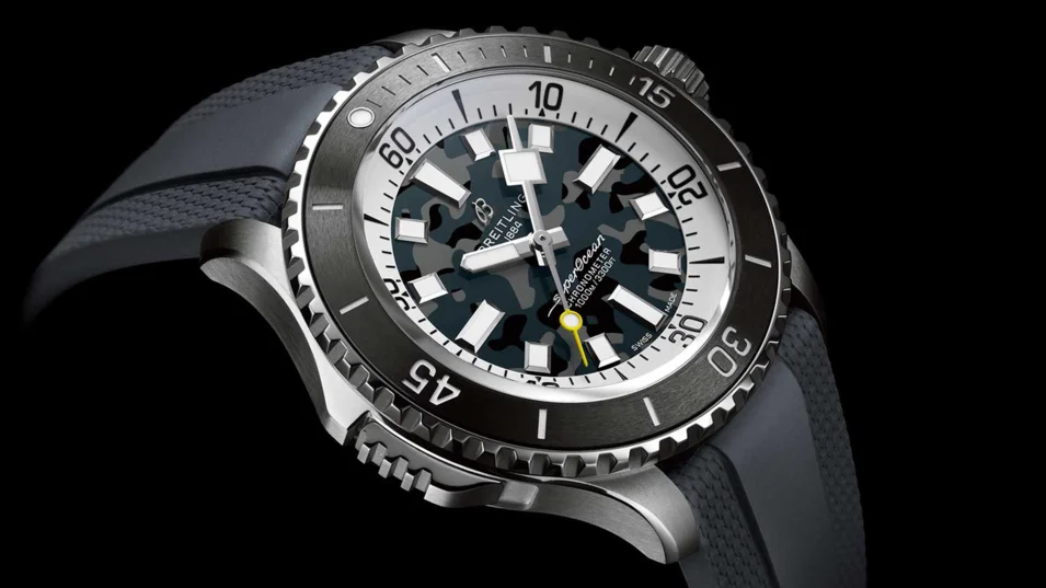 Breitling Superocean Automatic 46 Super Diver with a black camouflage dial pattern on a rubber strap