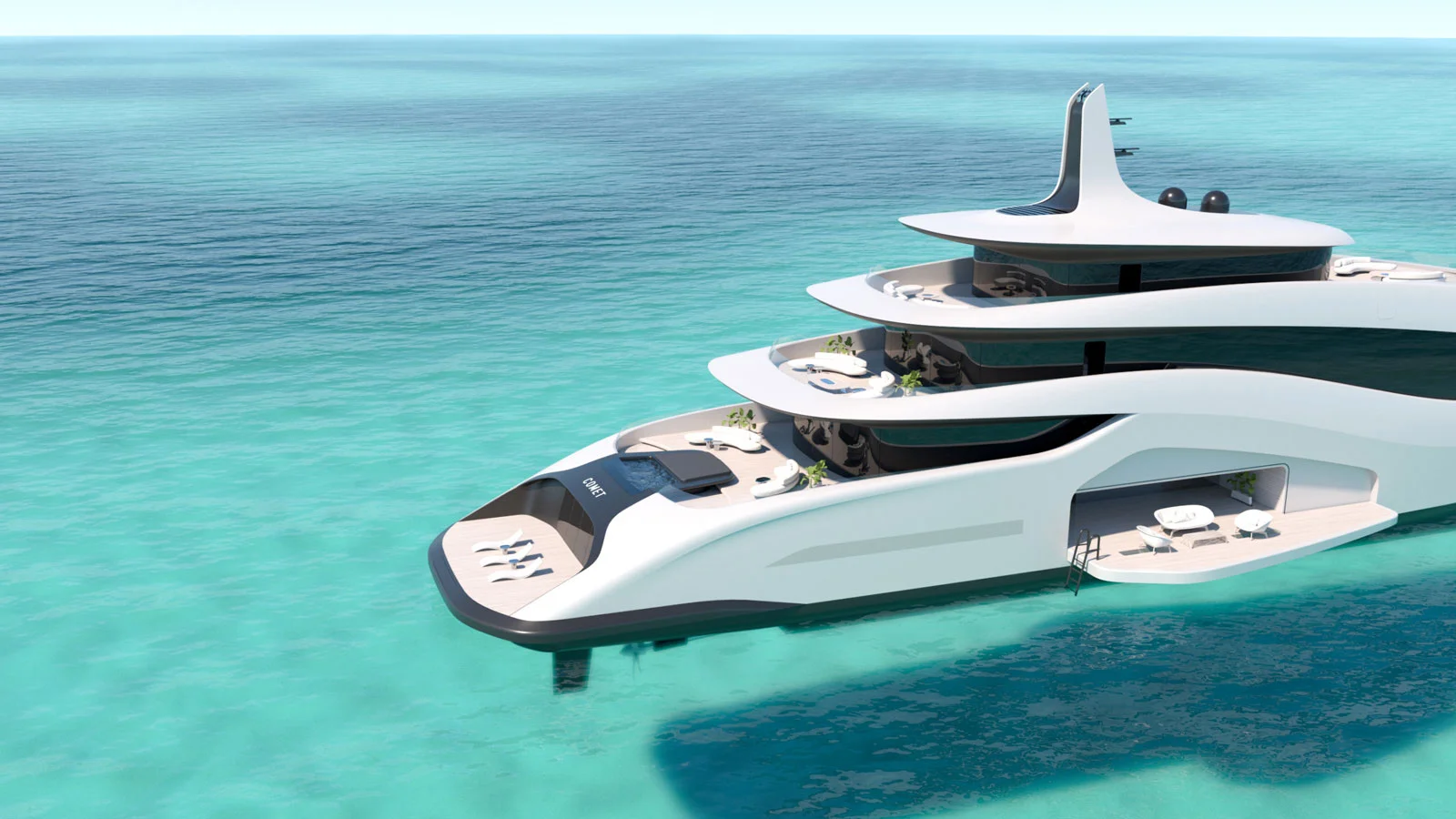 Comet's aft part with a jacuzzi and a beach club with two opening platforms