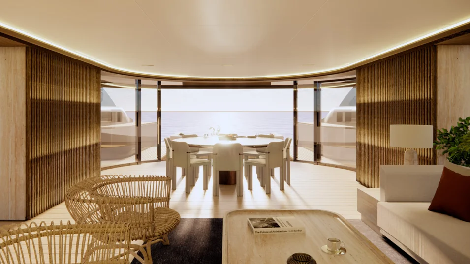 Saloon with a lounge and a dining area on the main deck