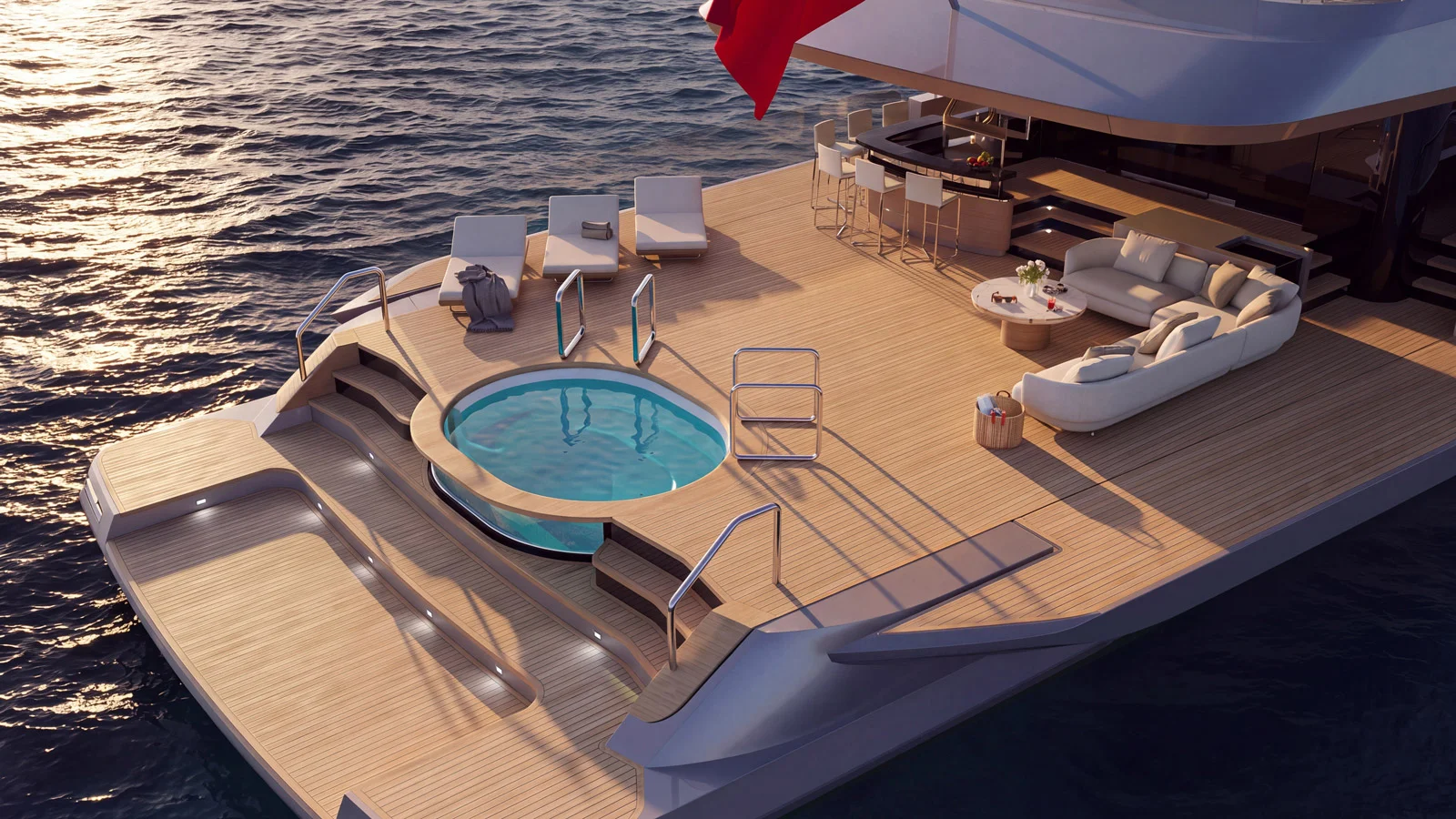 The OXO's aft section is home to a versatile area with a bar and a pool