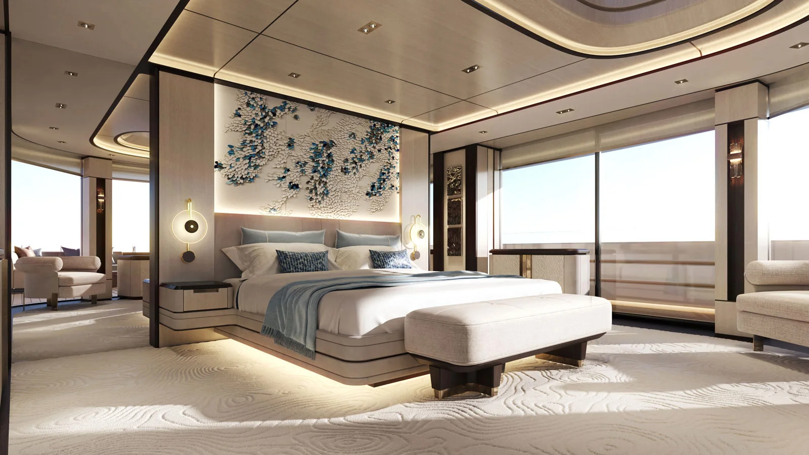 The owner's suite on board the Admiral Panorama 50 Spribe are vast and feature several areas