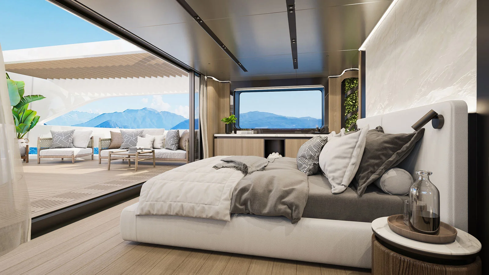 Owner stateroom on the 42-metre Sirena 42M (construction currently underway) can be united with a private terrace