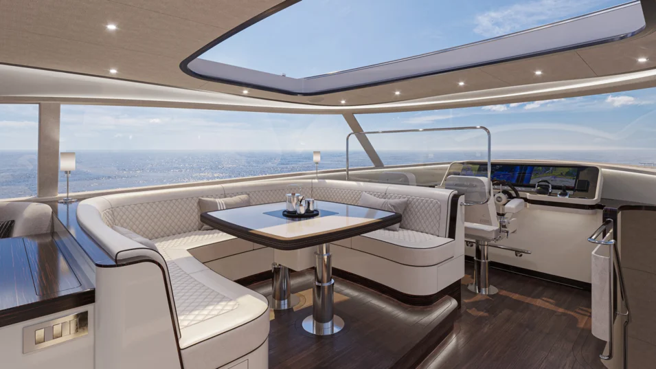 Dining area and a helm station on board the Zeelander 8