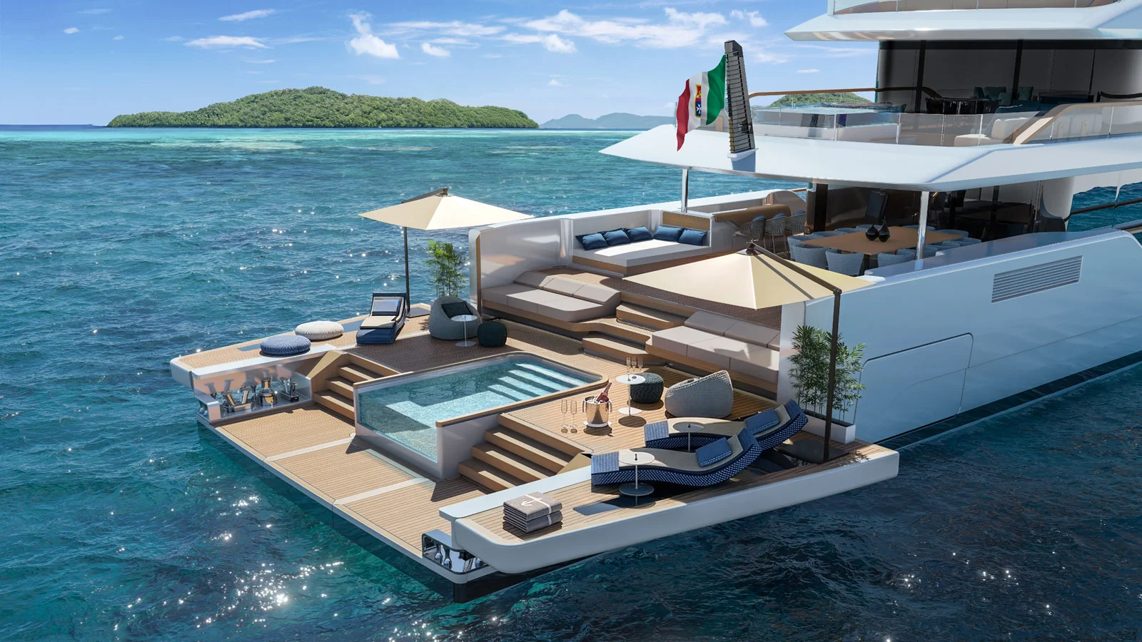 Multilevel beach club with a pool on board the ISA Timeless 52