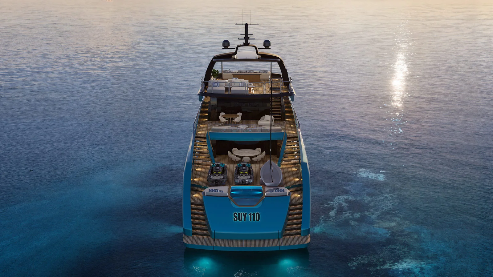 В кормовой части Antonini Navi SUY110 расположены открытые зоны отдыха и места для перевозки тендеров и водных игрушек