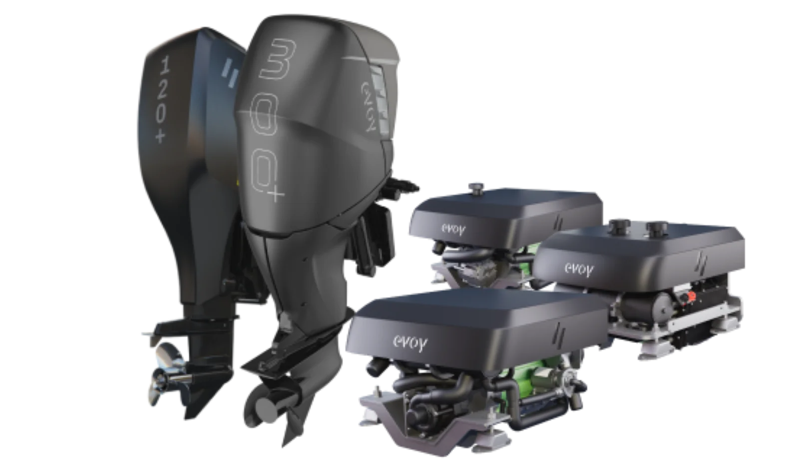 The Evoy model range includes two outboard electric motors: the 120 hp Evoy Breeze and the 300hp Evo Storm