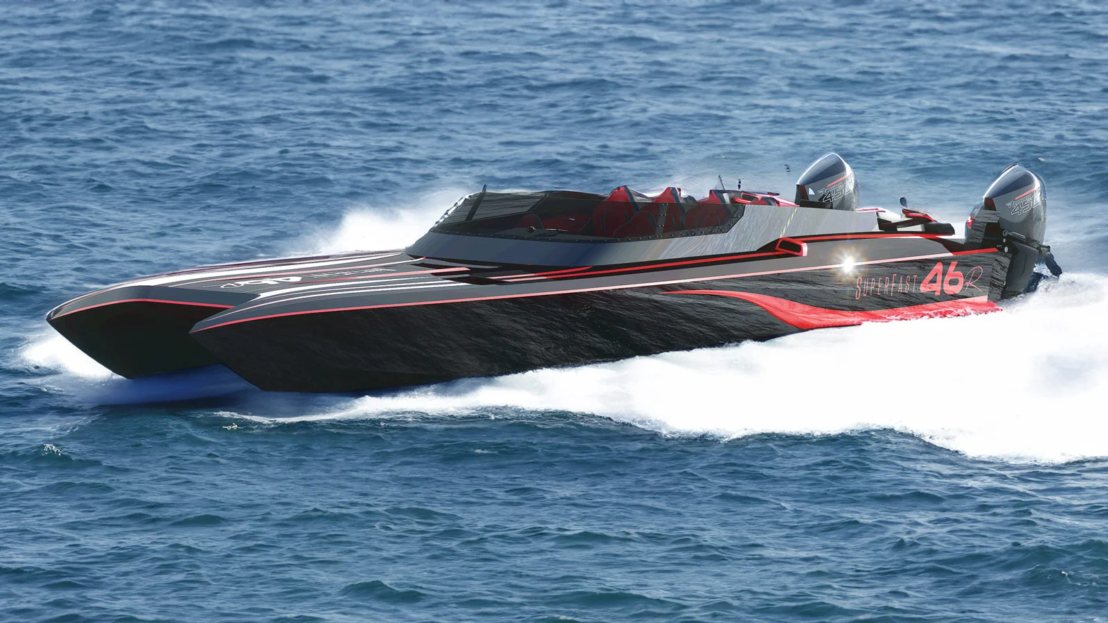 With twin Mercury Racing Sportsmaster engines of 450 hp, the VisionF Superfast 46 can reach a top speed of up to 80 knots