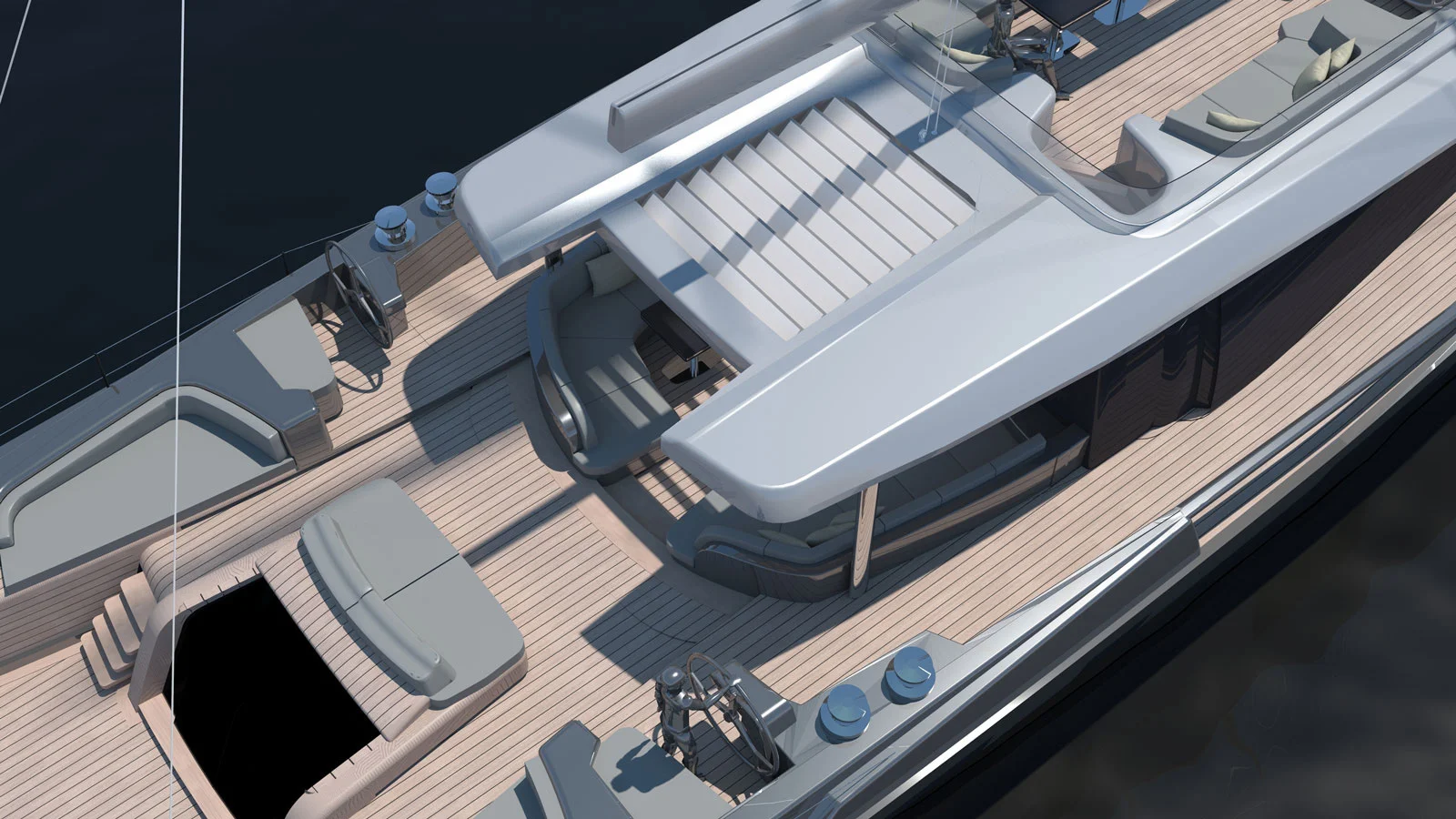 The aft section of the C140 features a layout that is quite unusual for a sailing yacht