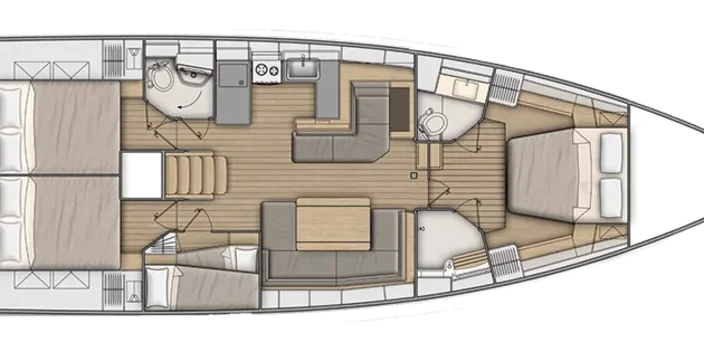 Lower deck: 4 cabins, 2 heads