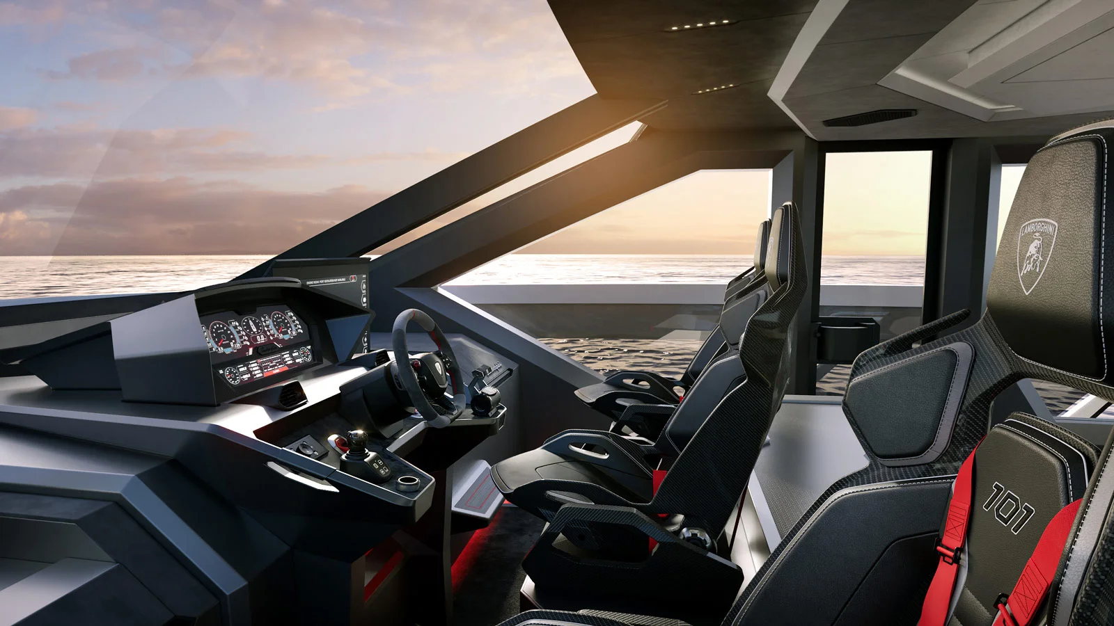 The Tecnomar for Lamborghini 101's interiors draw on the Italian supercar manufacturer's design philosophy