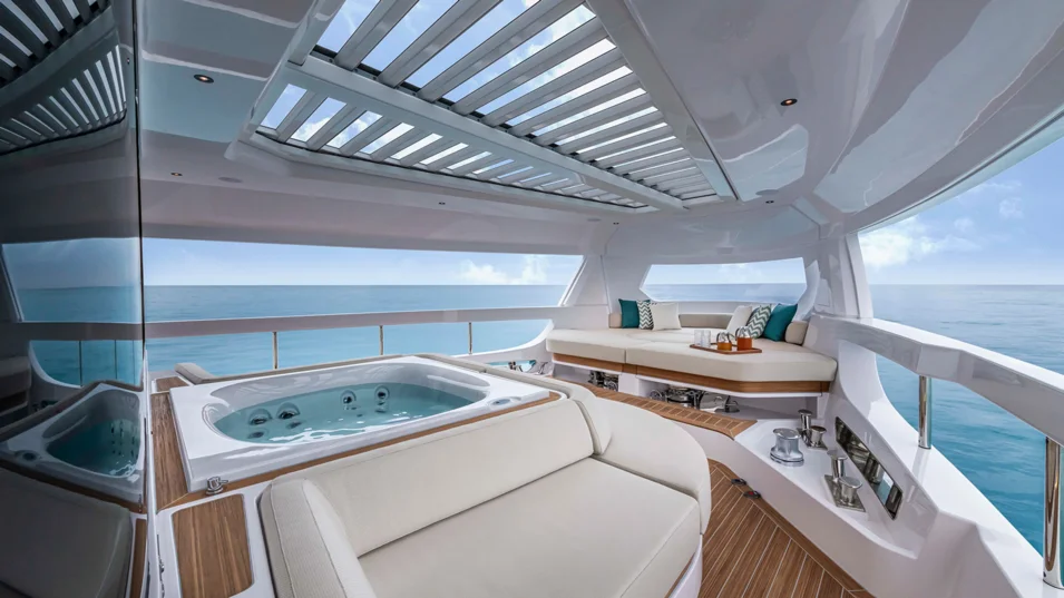 There is an all-season terrace instead of a foredeck on board the 26.97-metre Infynito 90