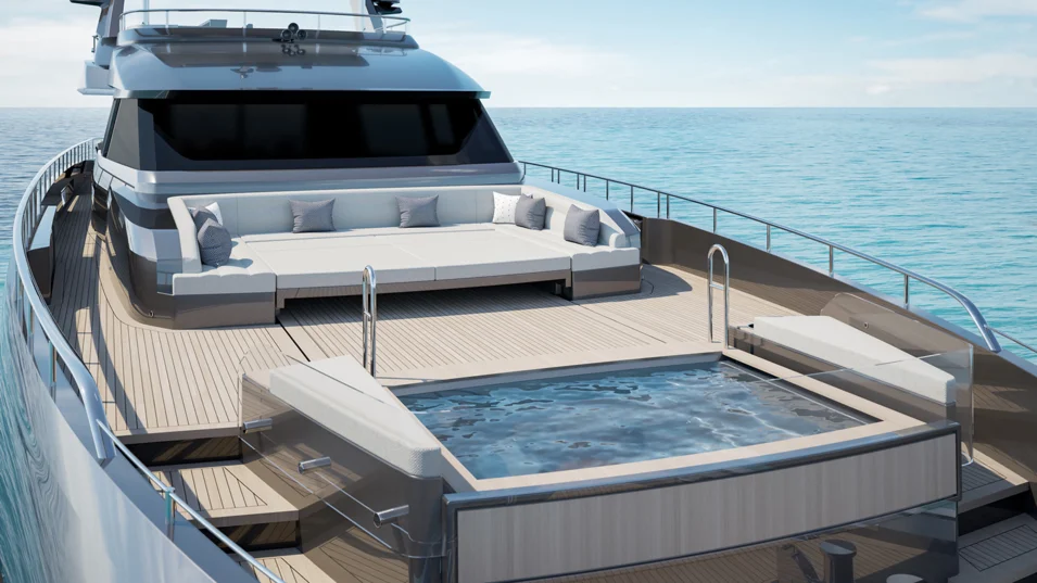 The foredeck of the Ocean Alexander 35P with a large sunpad and a pool