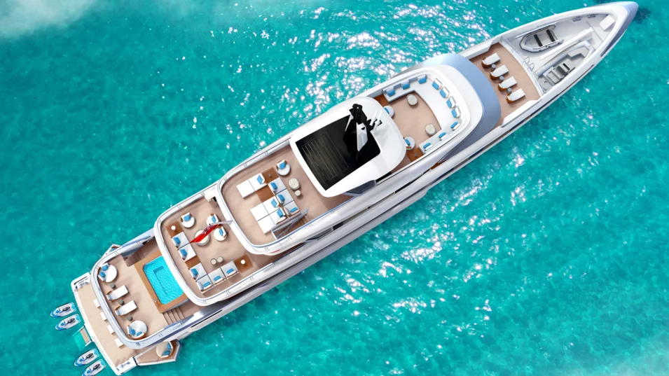 From above, one can see that the Dynamiq GTT 170 will feature numerous exterior areas, while the tenders will be stored on the foredeck