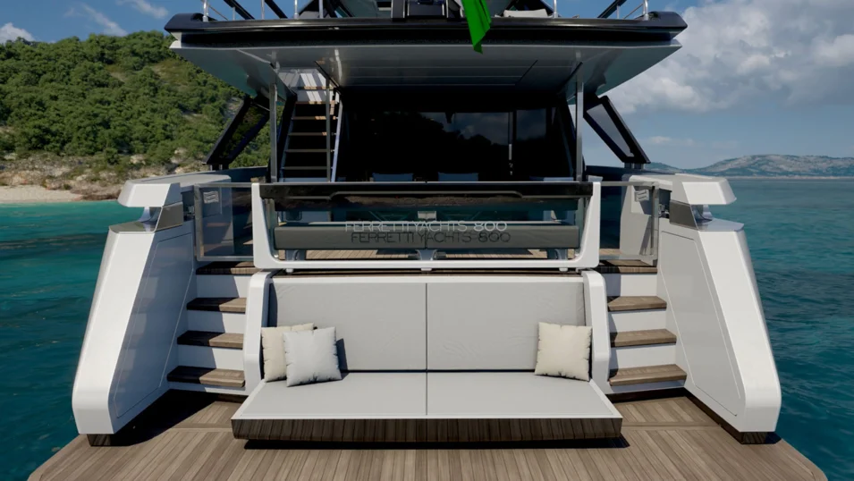 На транце Ferretti Yachts 800 сделан диванчик, а над ним – стеклянный парапет