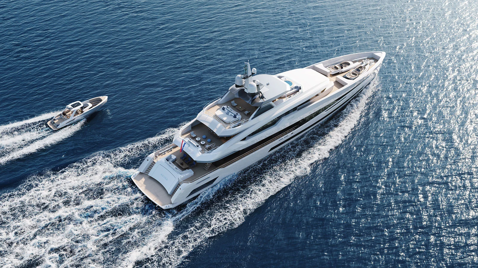 The superyacht features Van Oossanen’s ultra-efficient Fast Displacement Hull Form (FDHF)