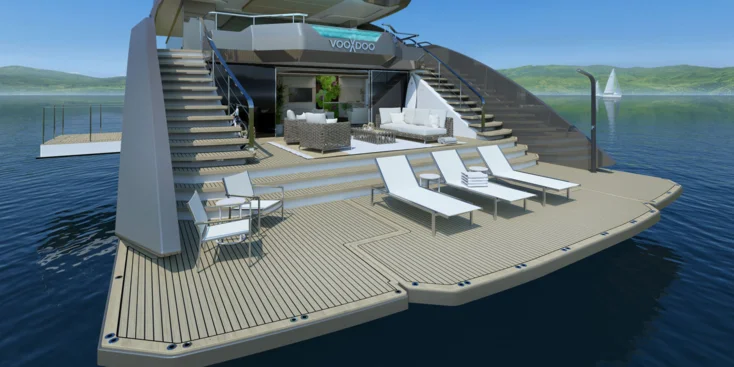 The XF450 features an incredibly large lounging area by the water