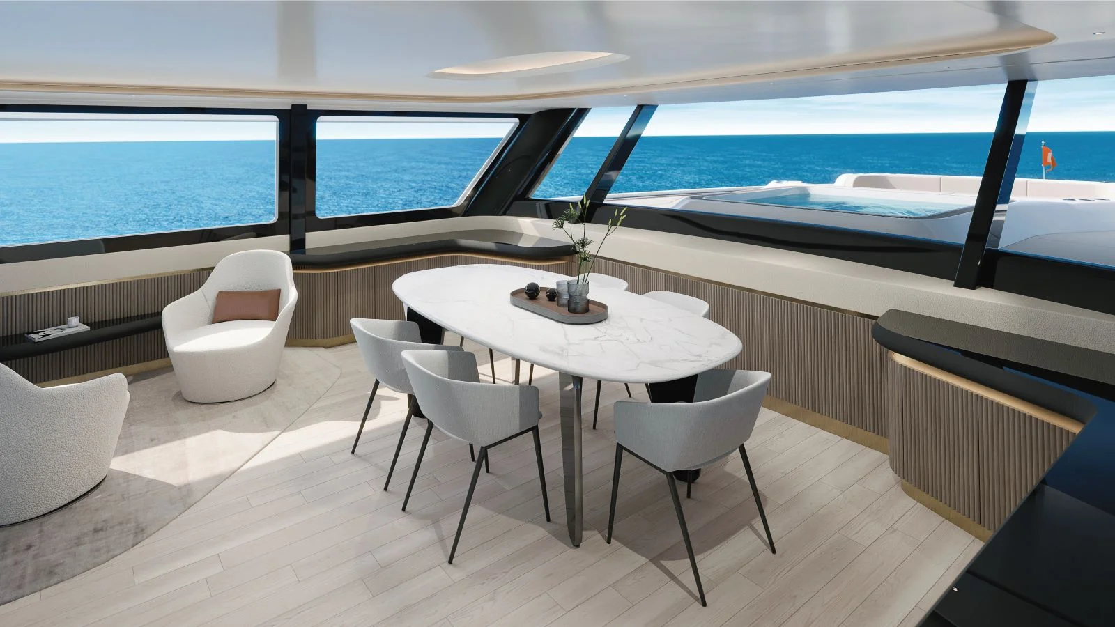 The CLX99 features a generous dining room forward with an adjacent galley