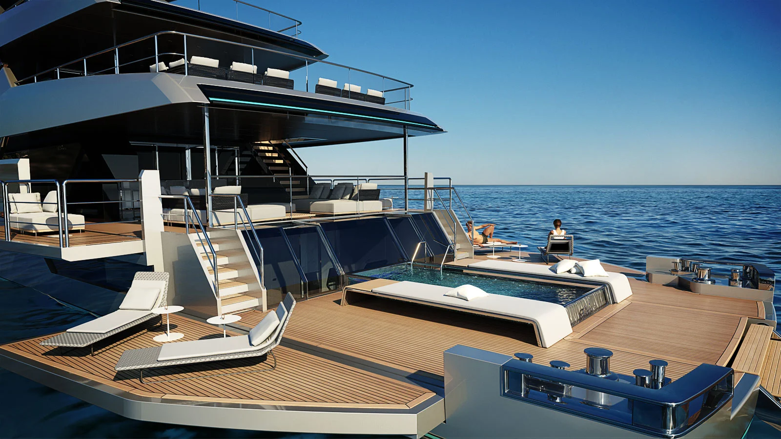  The Riva 54 Metri offers a spacious lounge area with a pool aft, which can be extended with the help of fold-down bulwarks