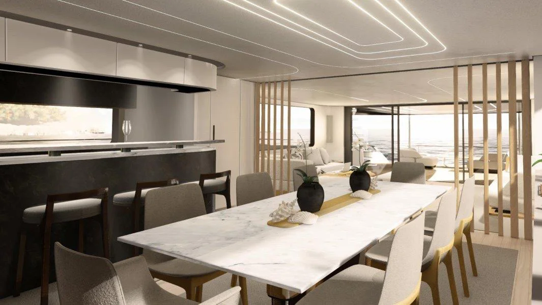 Dining area and a galley on board the Xcel 70 catamaran