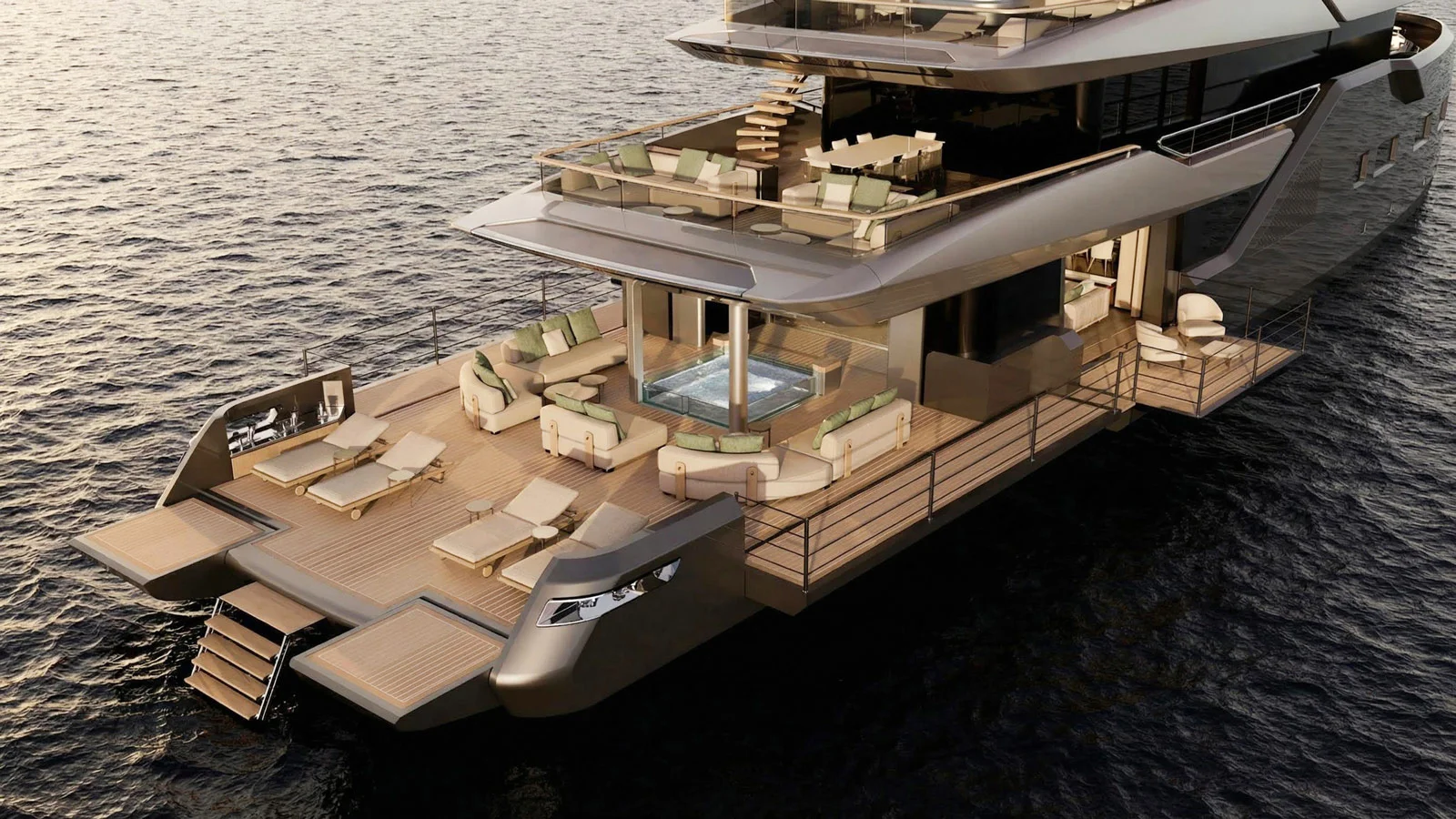 At anchor, the Anvil's aft section turns into a vast beach club with various lounging areas