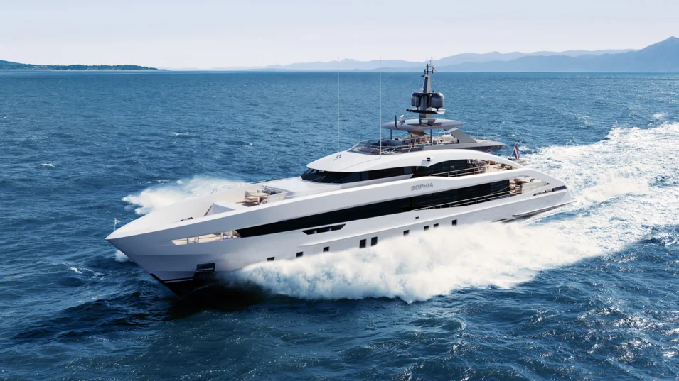 The yacht is equipped with twin MTU 16V 4000 M65L engines compliant with IMO Tier III and delivering a top speed of 23 knots