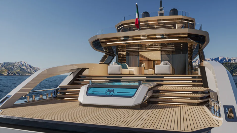 Кормовая часть Baglietto DOM155 сделана открытой и постепенно спускающейся к морю