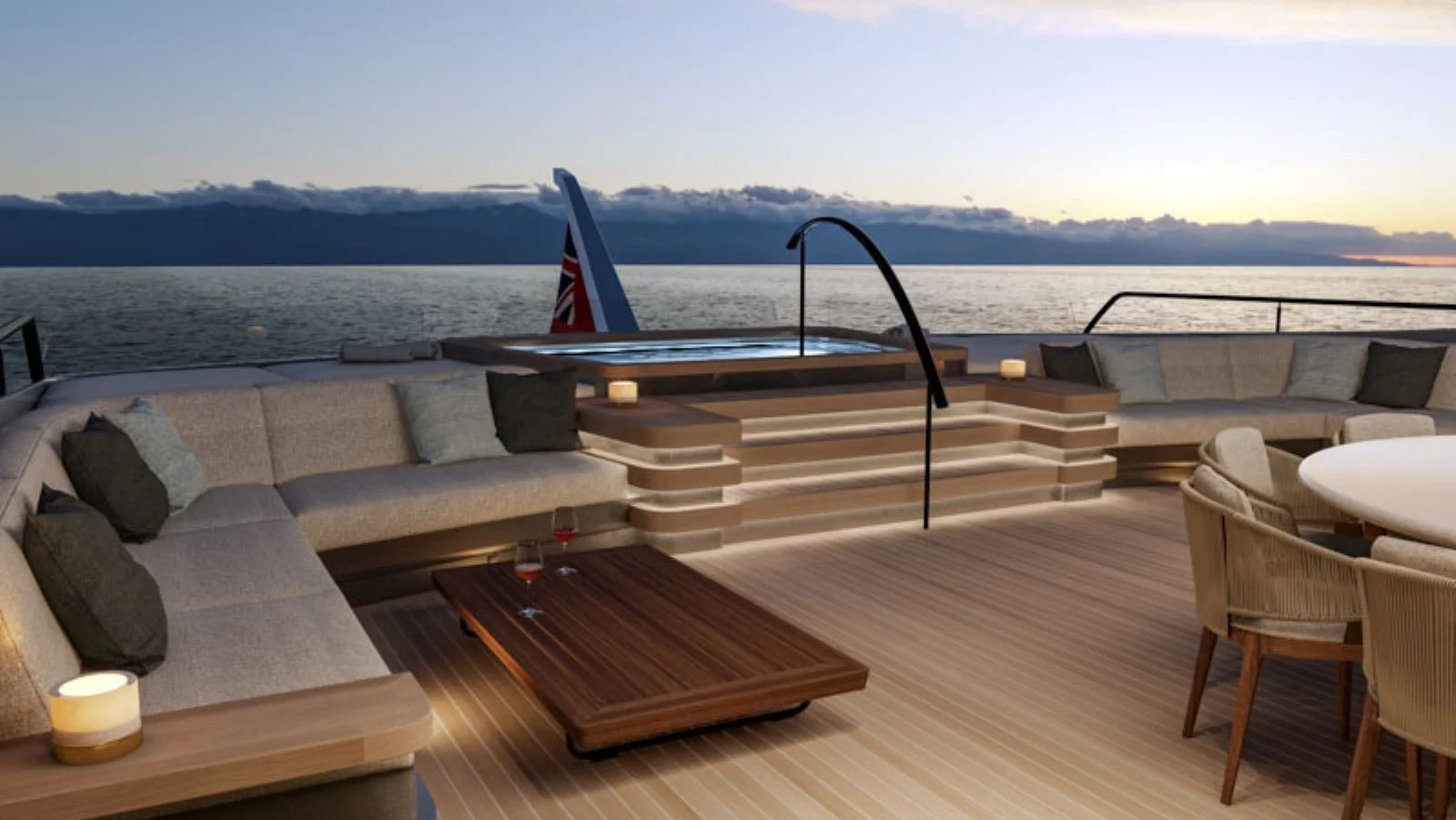 Upper deck lounge with a glass hot tub