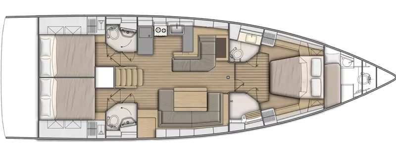 Lower deck: 3 cabins, 3 heads