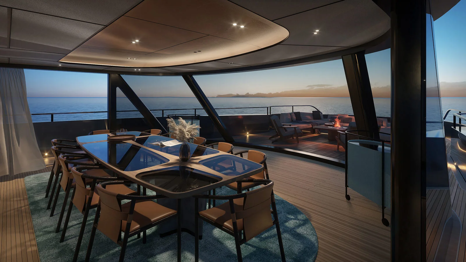 В обеденной зоне на Azimut Grande 44M сделано панорамное остекление от пола до потолка