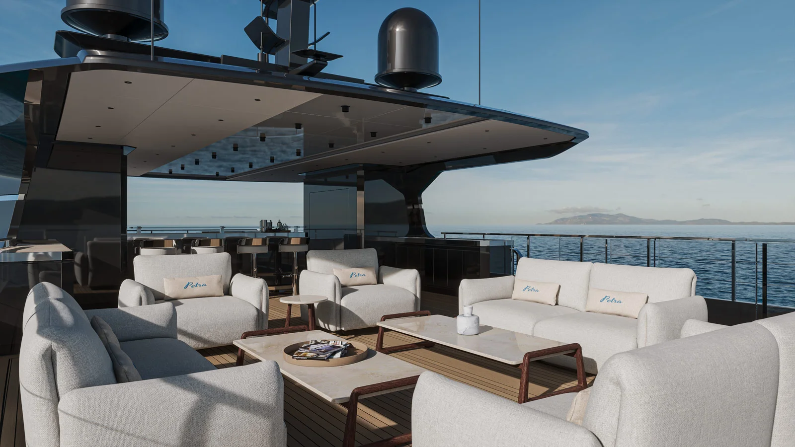 Lounge area on the Petra Core's flybridge