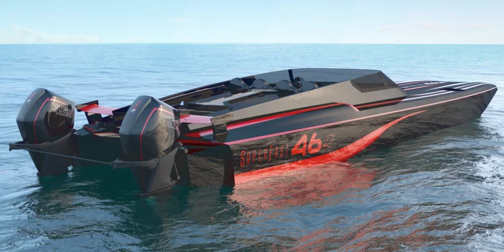 The VisionF Superfast 46 is a high-performance catamaran with a length of 14 m