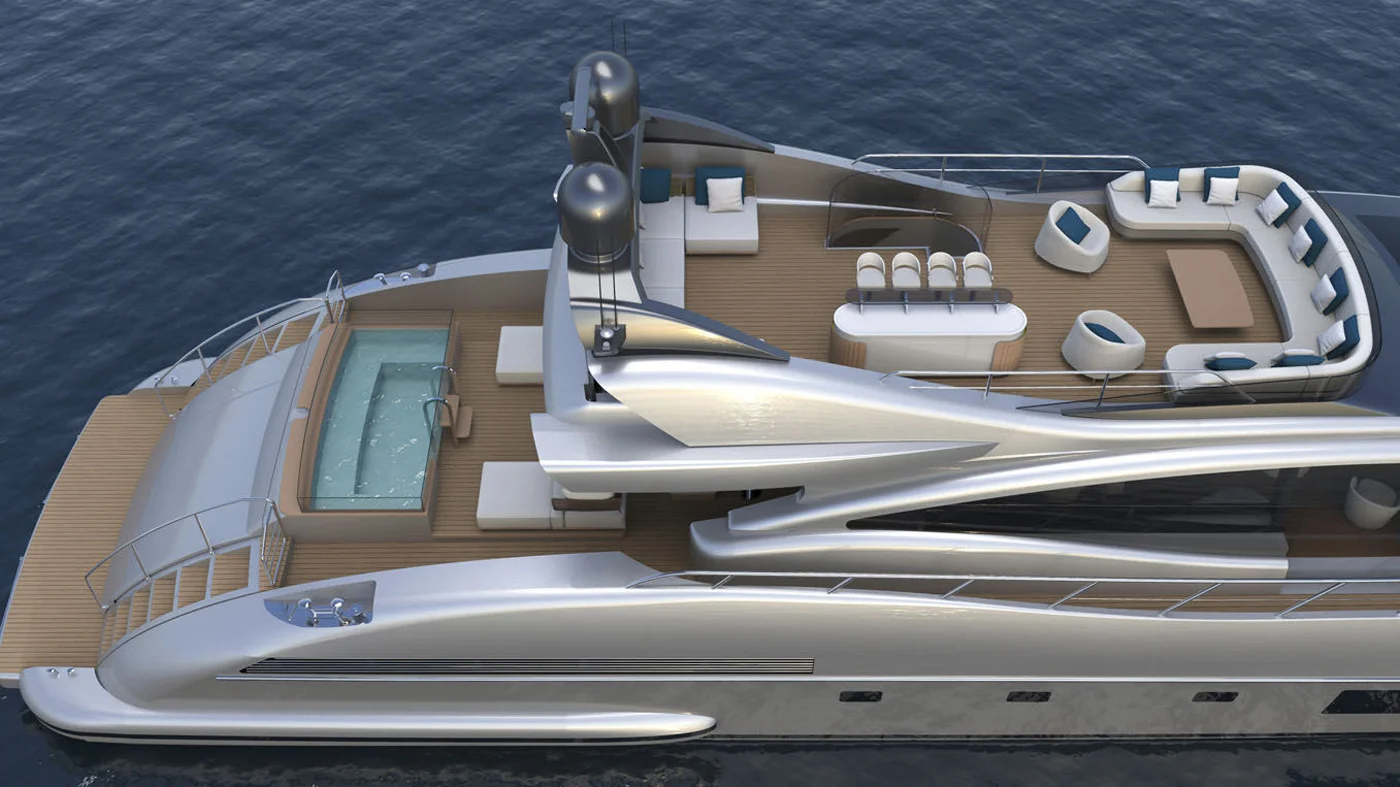 The first Mangusta 132E hull will feature a flybridge with a helm station, not a sundeck