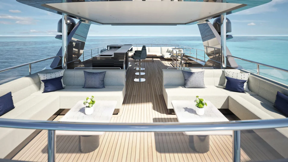 The sundeck of 56 sq.m. with a bar, a lounge and a sunpad on the Ocean Alexander 35P