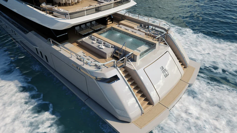 The 58Steel's aft section with a lounging area around the pool