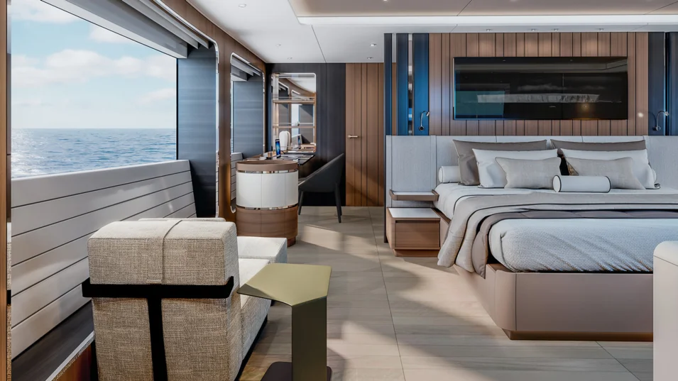 The master suite on the main deck of the Ocean Alexander 35P