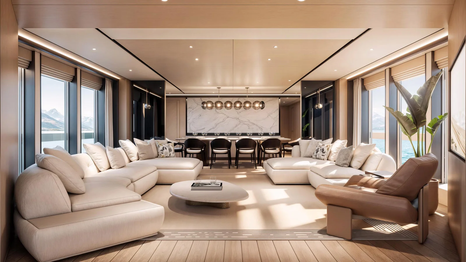 Main saloon on board the Sunseeker 134 Superyacht