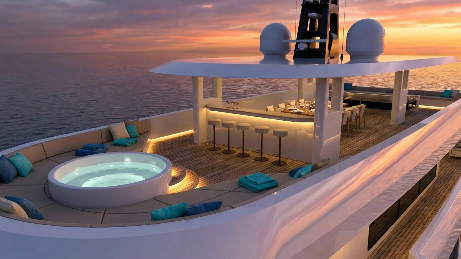 Talassea 145's sundeck with a bar and a jacuzzi