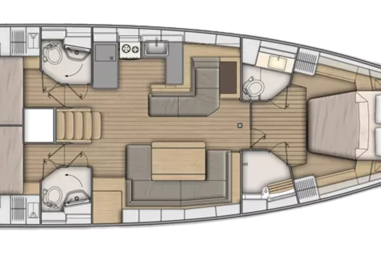 Lower deck: 3 cabins, 3 heads