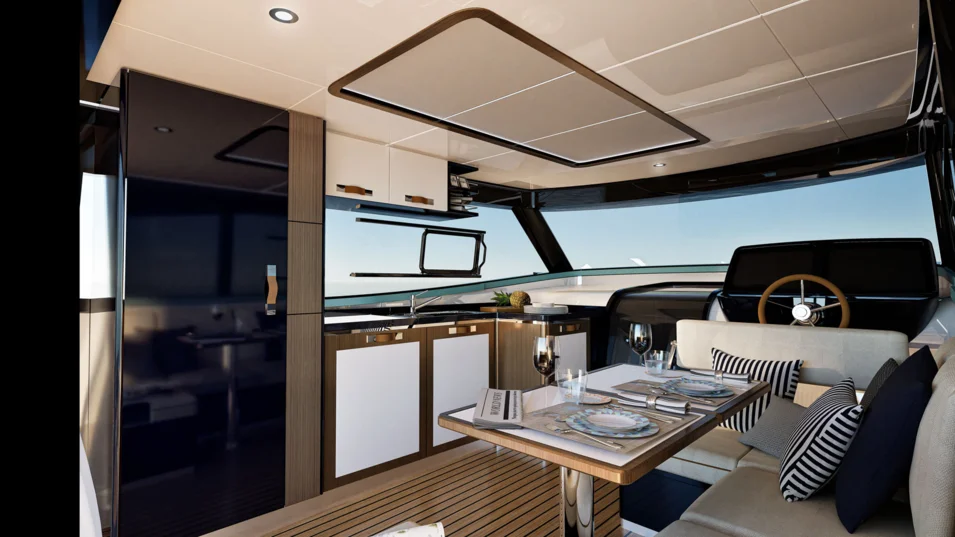 Dinette and galley on board the Apreamare Gozzo 48 Cabin