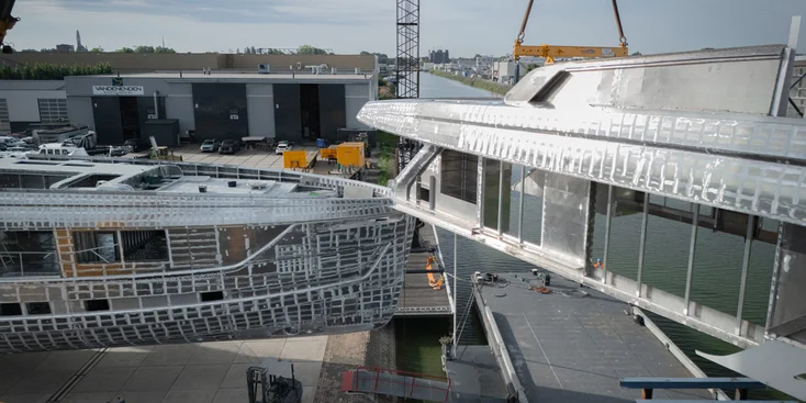 Marriage of Project Zen's hull and superstructure at Van der Valk's facility in Waalwijk