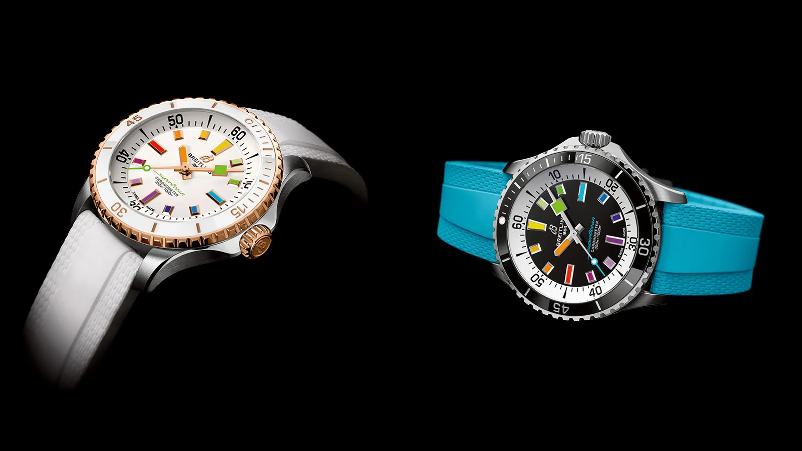 Breitling Superocean Automatic 36 in all-white and Breitling Superocean Automatic 42 with graduated rainbow hour markers